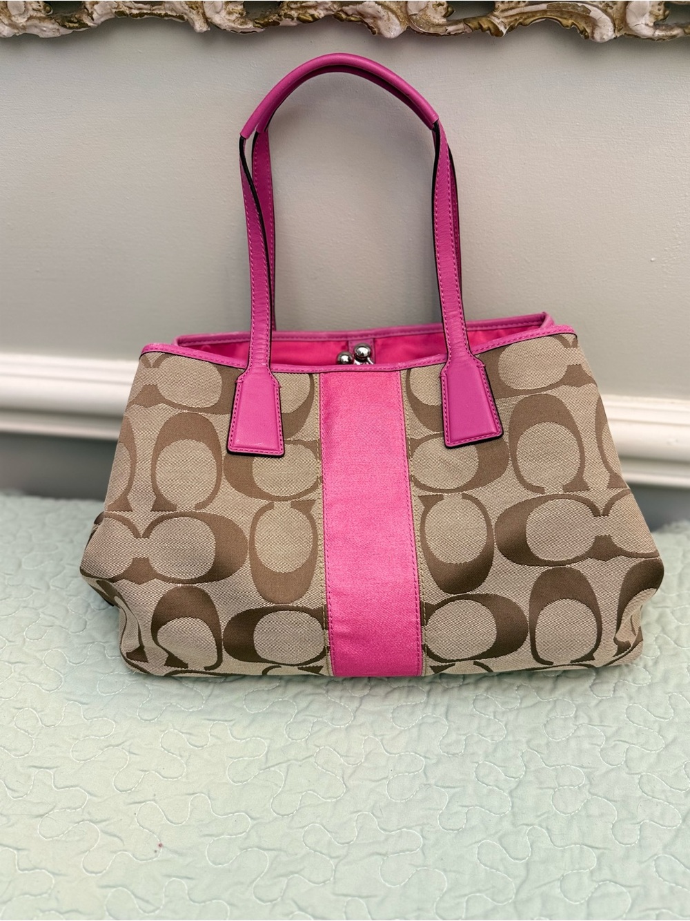 Coach Beige Signature Canvas Tote with Pink Leather Accents